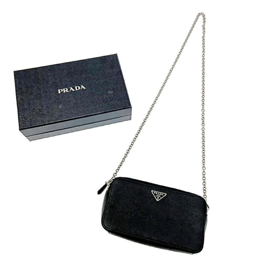 PRADA Saffiano Double Zip Chain Shoulder Bag Wallet Black